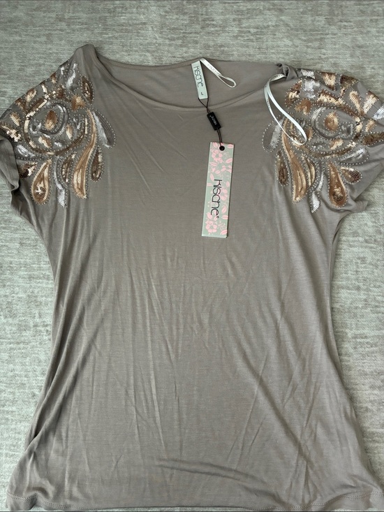 Kensie Tops - Kensie Taupe Short Sleeve Top with Metallic Shoulder Embellishments